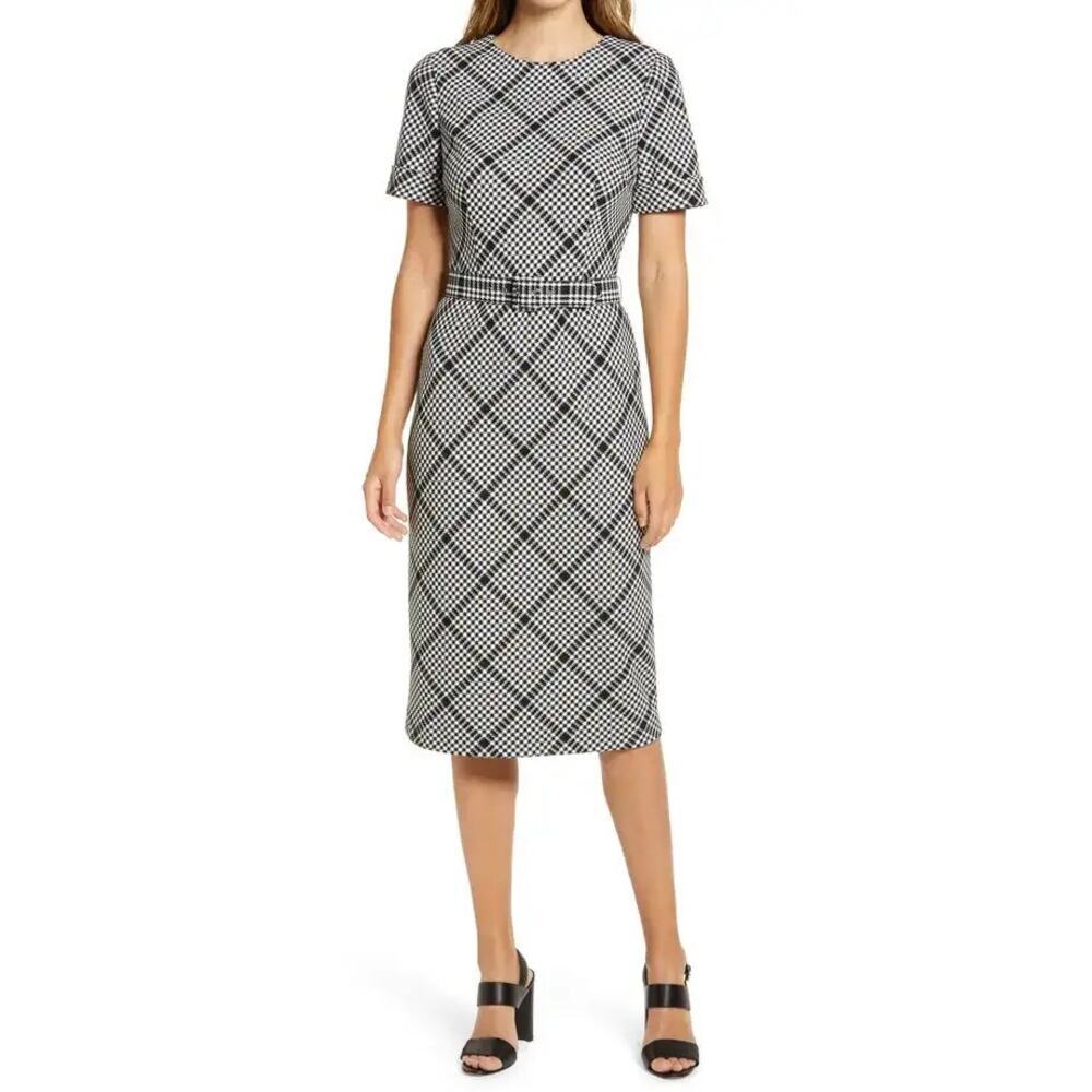 Maggy London Plaid Belted Knit Sheath Dress Round-Neck Size 10 NWOT